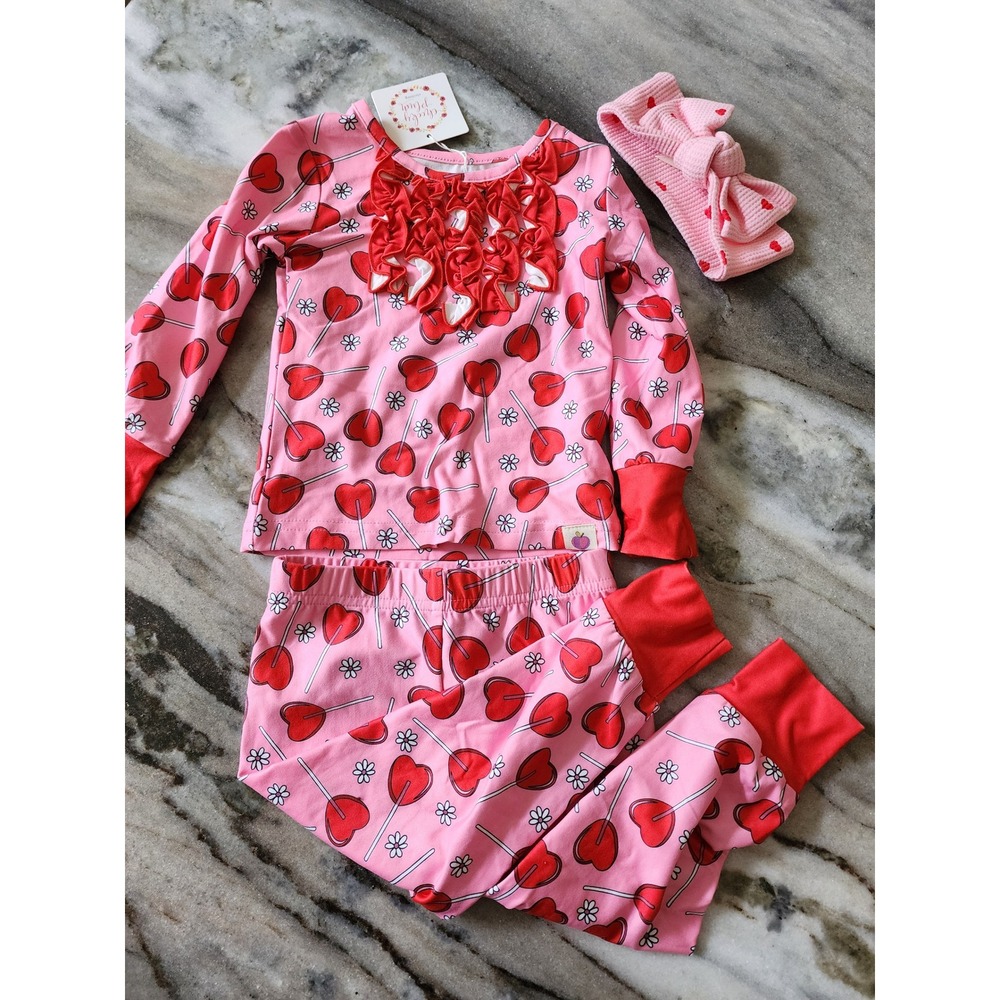 NWT Cheeky Plum Girls Baby 12-18M Heart Lollipop Ruffle Set with Headband